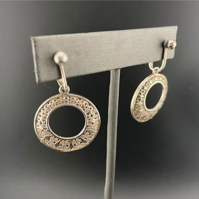 Vintage Sterling Silver Filigree Circle Drop Hoop Clip-On Earrings mid century - Thumbnail 3
