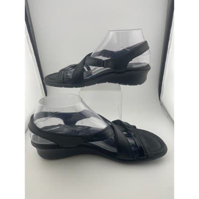 ECCO Felicia Black Leather Adjustable Strap Wedge Sandals Womens Size 40 9-10 - Thumbnail 2