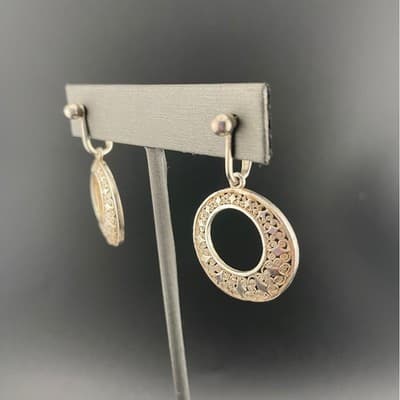 Vintage Sterling Silver Filigree Circle Drop Hoop Clip-On Earrings mid century - Thumbnail 2