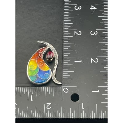 Artisan Sterling Silver Rainbow Enamel Garnet Brooch Abstract Modernist Studio - Thumbnail 11