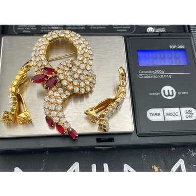 Vintage Opalescent Rhinestone Demi Parure Brooch & Clip Earrings Set Ruby Red - Thumbnail 16