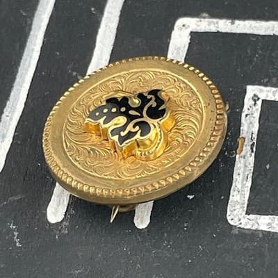 Victorian Gold Filled & Black Enamel Brooch Pendant Antique Engraved Pin - Thumbnail 5
