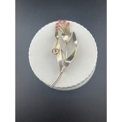 Vintage Sterling Vermeil Modernist Floral Brooch Pink Rhinestone Mid Century Pin - Thumbnail 2