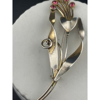 Vintage Sterling Vermeil Modernist Floral Brooch Pink Rhinestone Mid Century Pin - Thumbnail 4