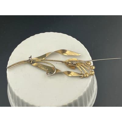 Vintage Sterling Vermeil Modernist Floral Brooch Pink Rhinestone Mid Century Pin - Thumbnail 8