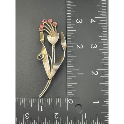 Vintage Sterling Vermeil Modernist Floral Brooch Pink Rhinestone Mid Century Pin - Thumbnail 10