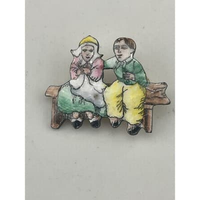 Vintage Czech Figural Brooch Couple on Bench Hand Painted Enamel Pin Vintage - Thumbnail 2
