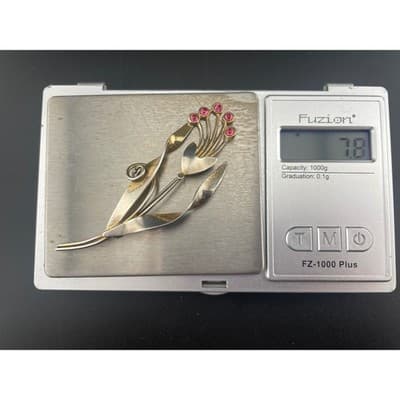 Vintage Sterling Vermeil Modernist Floral Brooch Pink Rhinestone Mid Century Pin - Thumbnail 11
