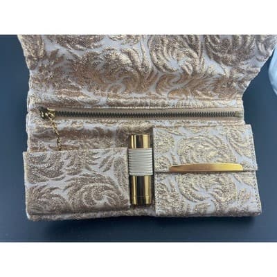 Vintage Revlon Gold Lamé Evening Clutch Mid-Century Vanity Cosmetic Case w/ Box - Thumbnail 4