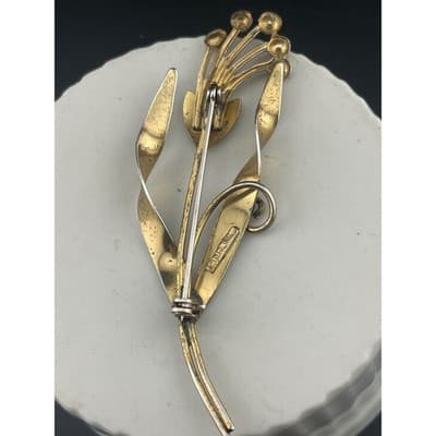Vintage Sterling Vermeil Modernist Floral Brooch Pink Rhinestone Mid Century Pin - Thumbnail 5