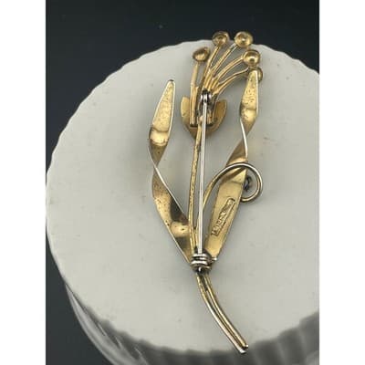 Vintage Sterling Vermeil Modernist Floral Brooch Pink Rhinestone Mid Century Pin - Thumbnail 7