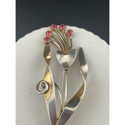 Vintage Sterling Vermeil Modernist Floral Brooch Pink Rhinestone Mid Century Pin - Thumbnail 3