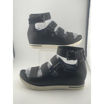 Eileen Fisher Black Leather Gladiator Buckle Zip Ankle Strap Sandals Women Sz 7 - Thumbnail 2