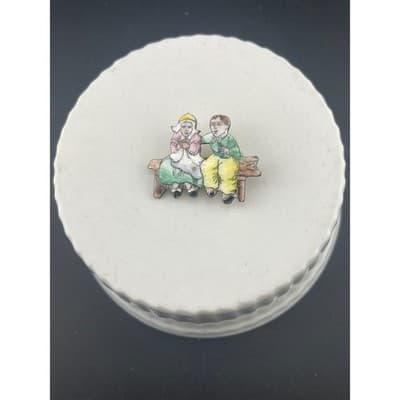 Vintage Czech Figural Brooch Couple on Bench Hand Painted Enamel Pin Vintage - Thumbnail 3