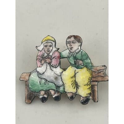 Vintage Czech Figural Brooch Couple on Bench Hand Painted Enamel Pin Vintage - Thumbnail 4