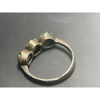 Vintage Silver Green Waxy Cabochon Ring Organic Modernist 3 Stone Band Size 8 - Thumbnail 11