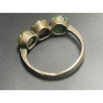 Vintage Silver Green Waxy Cabochon Ring Organic Modernist 3 Stone Band Size 8 - Thumbnail 9