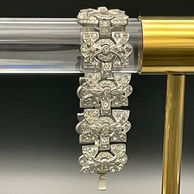 Vintage Art Deco Rhinestone Link Bracelet Silver Tone Geometric Paste Bracelet - Thumbnail 2