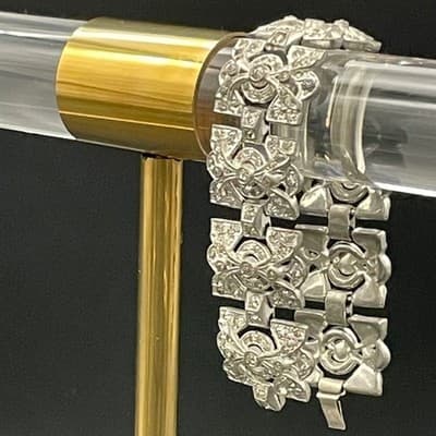 Vintage Art Deco Rhinestone Link Bracelet Silver Tone Geometric Paste Bracelet - Thumbnail 3