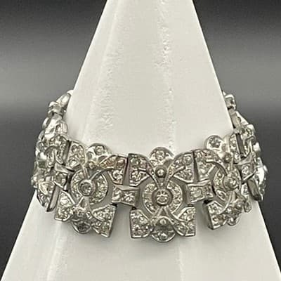 Vintage Art Deco Rhinestone Link Bracelet Silver Tone Geometric Paste Bracelet - Thumbnail 7