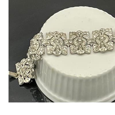 Vintage Art Deco Rhinestone Link Bracelet Silver Tone Geometric Paste Bracelet - Thumbnail 15