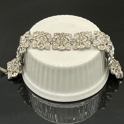Vintage Art Deco Rhinestone Link Bracelet Silver Tone Geometric Paste Bracelet - Thumbnail 13