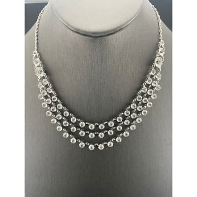 Vintage Open Back Crystal Festoon Necklace Silver Tone Czech 3 Strand Draped Bib - Thumbnail 3