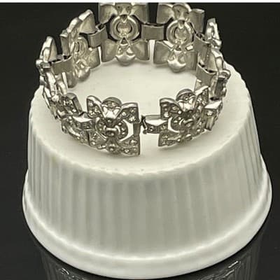 Vintage Art Deco Rhinestone Link Bracelet Silver Tone Geometric Paste Bracelet - Thumbnail 11