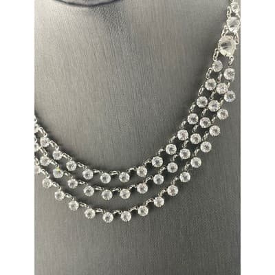 Vintage Open Back Crystal Festoon Necklace Silver Tone Czech 3 Strand Draped Bib - Thumbnail 5