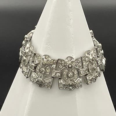 Vintage Art Deco Rhinestone Link Bracelet Silver Tone Geometric Paste Bracelet - Thumbnail 5