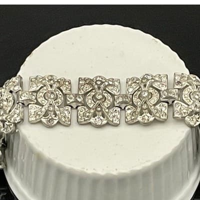 Vintage Art Deco Rhinestone Link Bracelet Silver Tone Geometric Paste Bracelet - Thumbnail 14