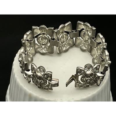 Vintage Art Deco Rhinestone Link Bracelet Silver Tone Geometric Paste Bracelet - Thumbnail 17