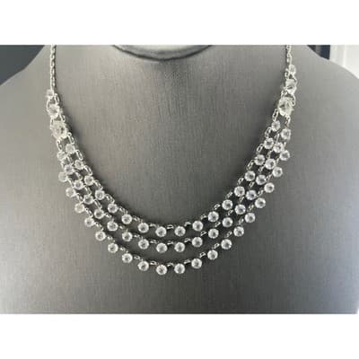 Vintage Open Back Crystal Festoon Necklace Silver Tone Czech 3 Strand Draped Bib - Thumbnail 4