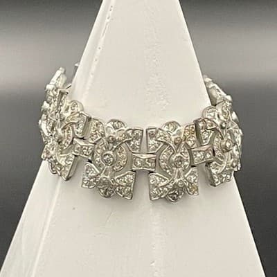 Vintage Art Deco Rhinestone Link Bracelet Silver Tone Geometric Paste Bracelet - Thumbnail 8