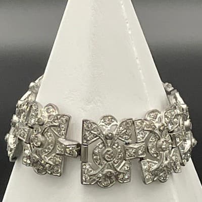 Vintage Art Deco Rhinestone Link Bracelet Silver Tone Geometric Paste Bracelet - Thumbnail 9