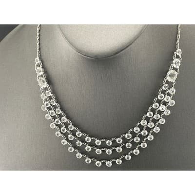 Vintage Open Back Crystal Festoon Necklace Silver Tone Czech 3 Strand Draped Bib - Thumbnail 7