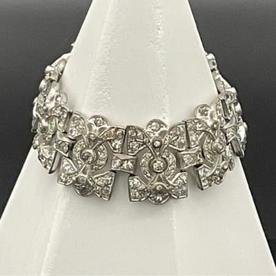 Vintage Art Deco Rhinestone Link Bracelet Silver Tone Geometric Paste Bracelet - Thumbnail 6