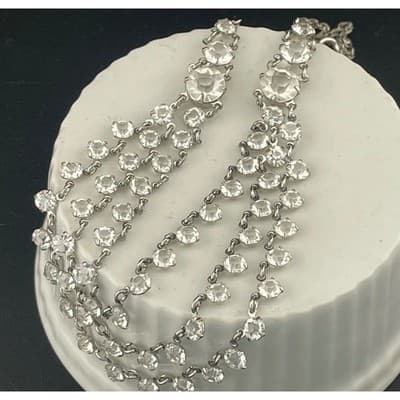 Vintage Open Back Crystal Festoon Necklace Silver Tone Czech 3 Strand Draped Bib - Thumbnail 11
