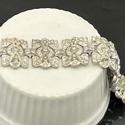 Vintage Art Deco Rhinestone Link Bracelet Silver Tone Geometric Paste Bracelet - Thumbnail 16