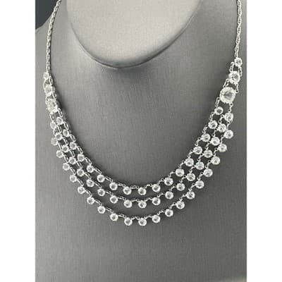 Vintage Open Back Crystal Festoon Necklace Silver Tone Czech 3 Strand Draped Bib - Thumbnail 6
