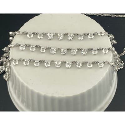 Vintage Open Back Crystal Festoon Necklace Silver Tone Czech 3 Strand Draped Bib - Thumbnail 10