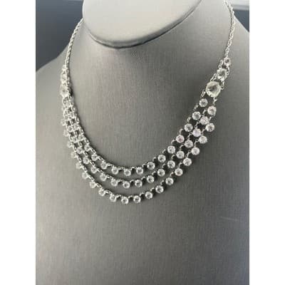 Vintage Open Back Crystal Festoon Necklace Silver Tone Czech 3 Strand Draped Bib - Thumbnail 2