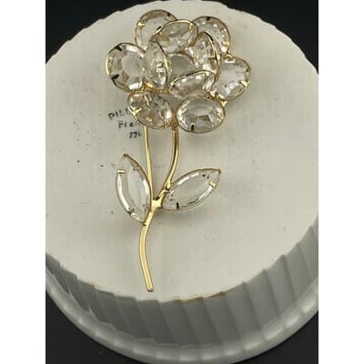 Vintage 1950s Clear Rhinestone Flower Brooch Open Back Gold Tone floral pin - Thumbnail 2