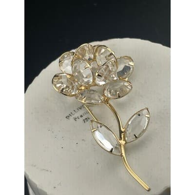 Vintage 1950s Clear Rhinestone Flower Brooch Open Back Gold Tone floral pin - Thumbnail 4