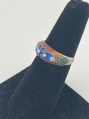 Vintage Chinese Export Silver Ring Cloissone Enamel Flower Sterling Sz 6 Red Blu - Thumbnail 2