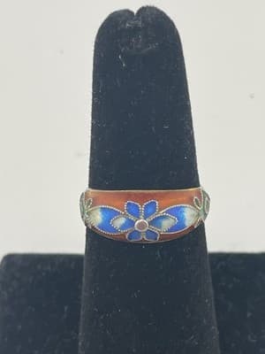 Vintage Chinese Export Silver Ring Cloissone Enamel Flower Sterling Sz 6 Red Blu - Thumbnail 3