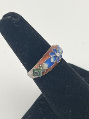 Vintage Chinese Export Silver Ring Cloissone Enamel Flower Sterling Sz 6 Red Blu - Thumbnail 4