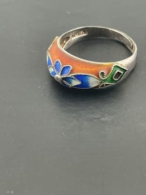 Vintage Chinese Export Silver Ring Cloissone Enamel Flower Sterling Sz 6 Red Blu - Thumbnail 6