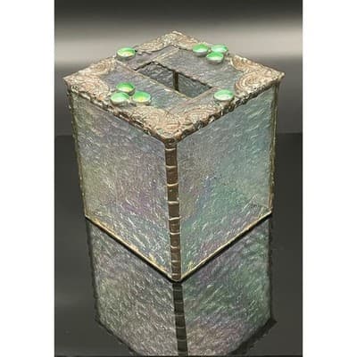 Vintage Handmade Iridescent Stained Glass Tissue Box Cover Art Glass Decor - Thumbnail 2
