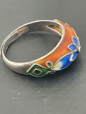 Vintage Chinese Export Silver Ring Cloissone Enamel Flower Sterling Sz 6 Red Blu - Thumbnail 8